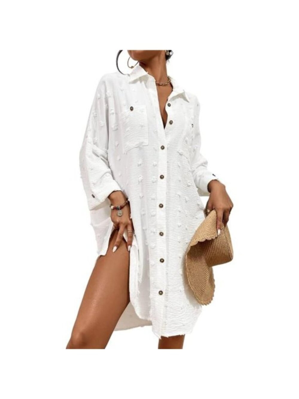 Women's Swimsuit Coverup Blouse Button Down Shirt Dress Swiss Dot Top, White